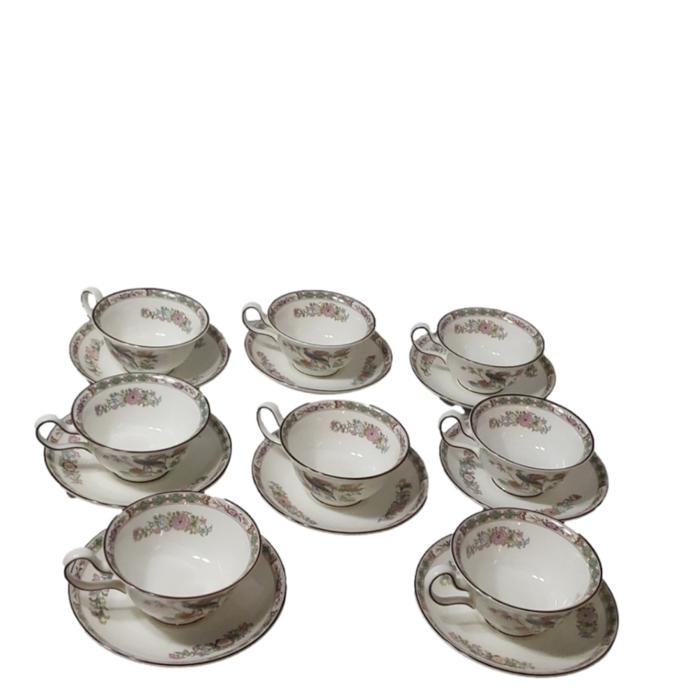 8 WEDGWOOD KUTANI CRANE R4464 PEONY SHAPED FOOTED TEA CUP &‎ SAUCER SET